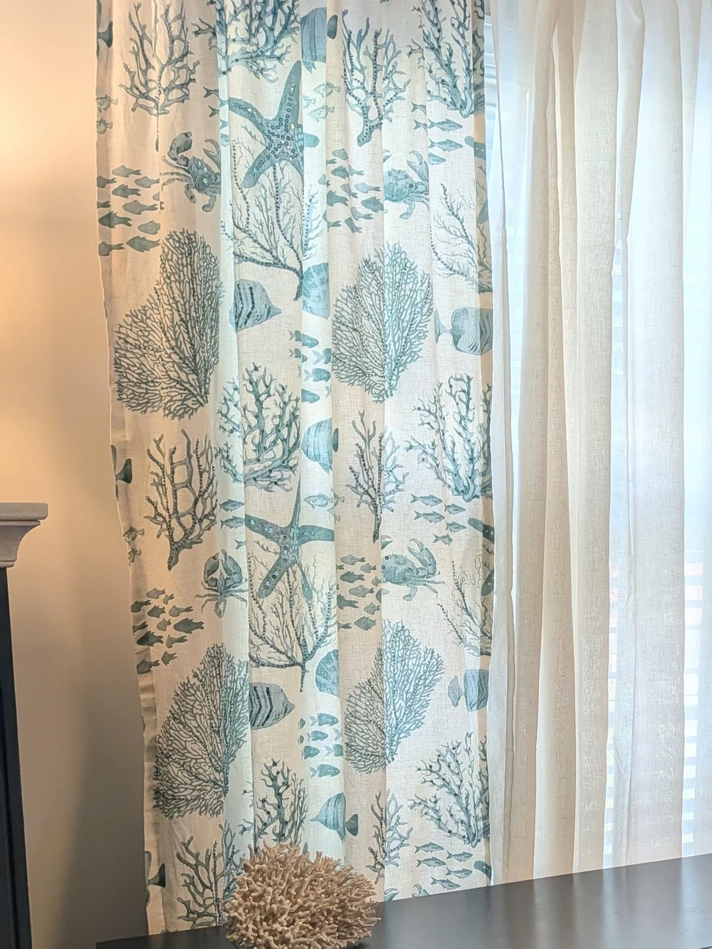 Pier 1 Coastal Beaded & Sequined Coral Curtain Panel Linen Blend Blue White